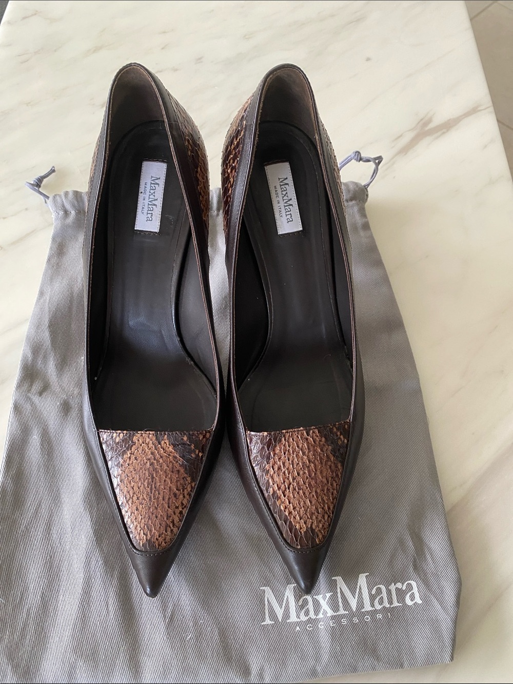MaxMara Brown Snake-Print Pointed-Toe Leather Pumps